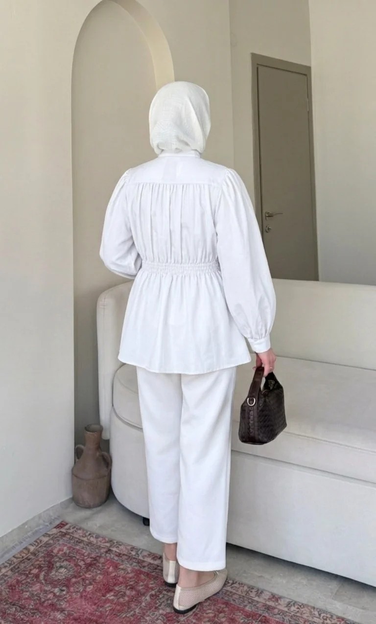 Miraydin Butik Kadın Korsaj Kemer Detaylı Tesettür Uzun Gömlek M2612 - Beyaz görsel 6