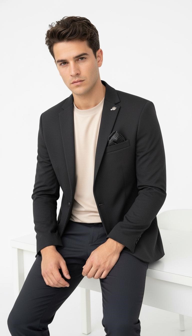 Plus Scorpion Erkek Siyah Blazer Ceket, Italyan Kesim, Tek Düğmeli, Tek Yırtmaçlı Şık Klasik Model görsel 3