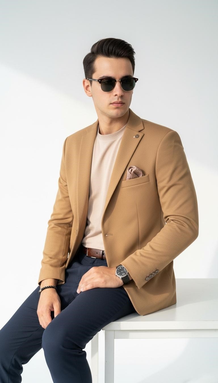 Plus Scorpion Camel Erkek Blazer Ceket, Esnek Comfort Kumaş, Italyan Kesim, Tek Düğmeli Slim Fit Şık Model görsel 3