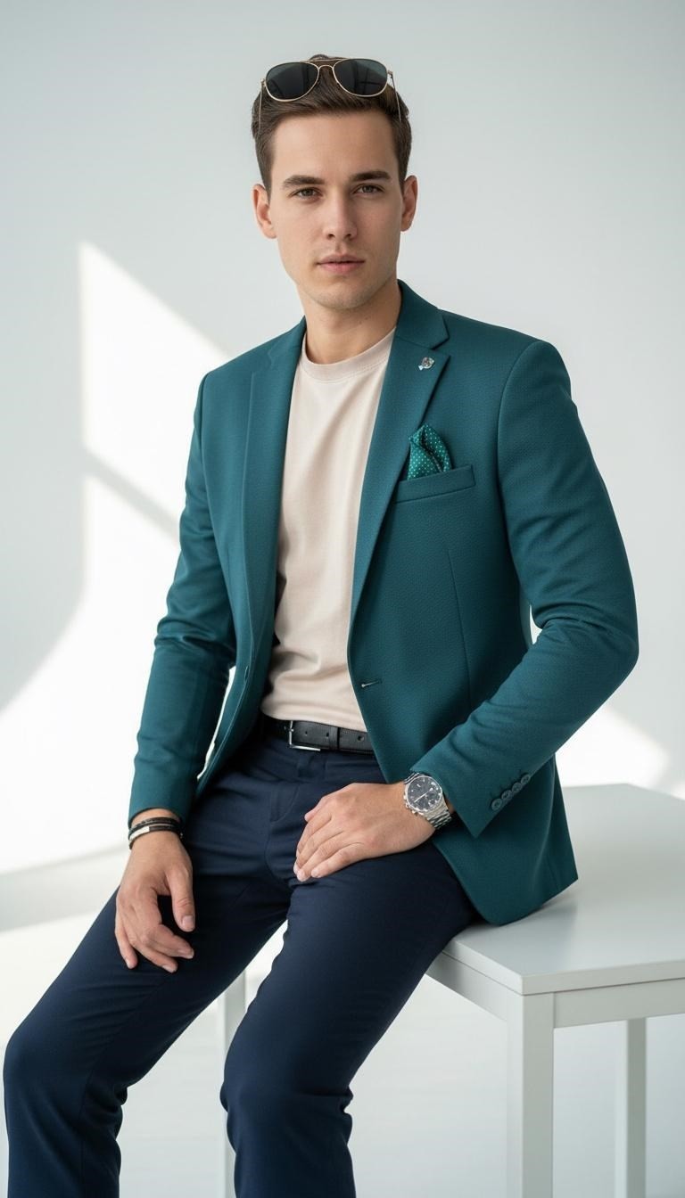 Plus Scorpion Petrol Yeşili Erkek Blazer Ceket, Esnek Comfort Kumaş, Slim Fit İtalyan Kesim Tek Düğmeli Model görsel 3