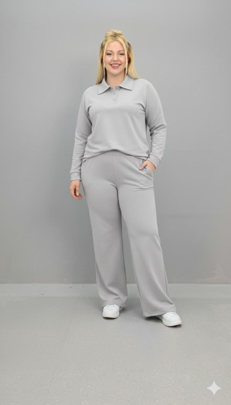 Moda Xlarge Kadın Büyük Beden Uzun Kollu Polo Yaka Eşofman Takımı 8212-26