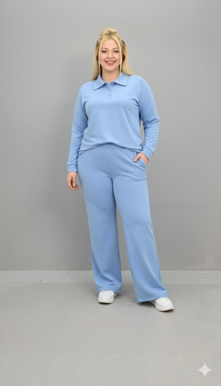 Moda Xlarge Kadın Büyük Beden Uzun Kollu Polo Yaka Eşofman Takımı 8212-26 görsel 3