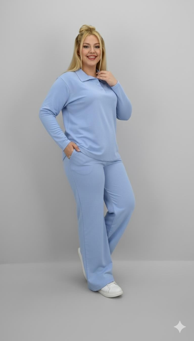Moda Xlarge Kadın Büyük Beden Uzun Kollu Polo Yaka Eşofman Takımı 8212-26 görsel 4