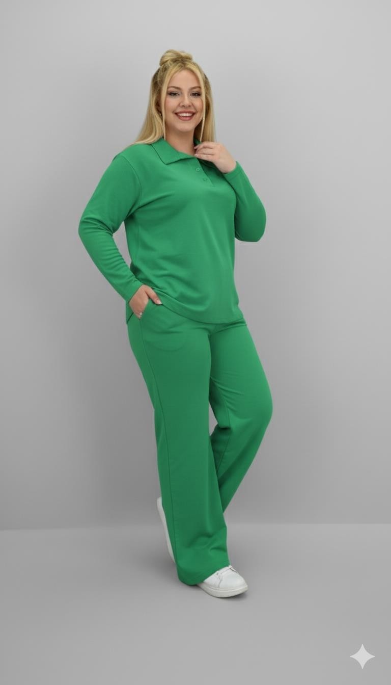 Moda Xlarge Kadın Büyük Beden Uzun Kollu Polo Yaka Eşofman Takımı 8212-26 görsel 7