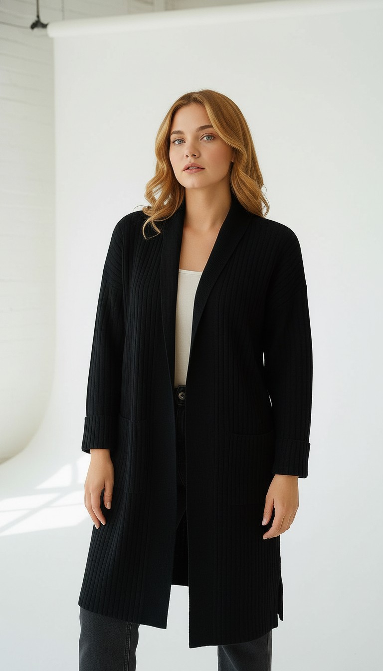 Wearified Kadın Şal Yaka Oversize Uzun Triko Hırka