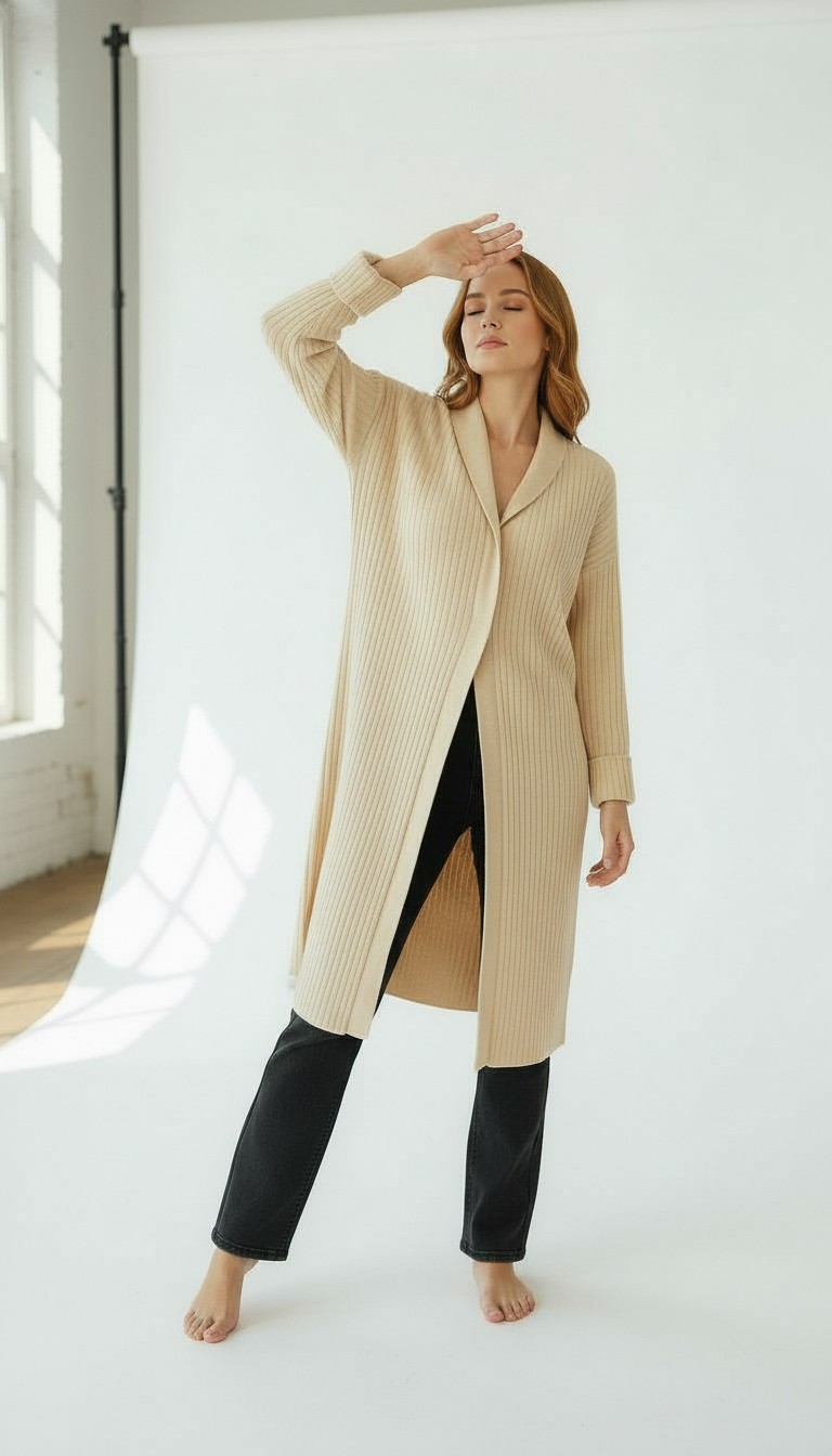 Wearified Kadın Şal Yaka Oversize Uzun Triko Hırka görsel 7