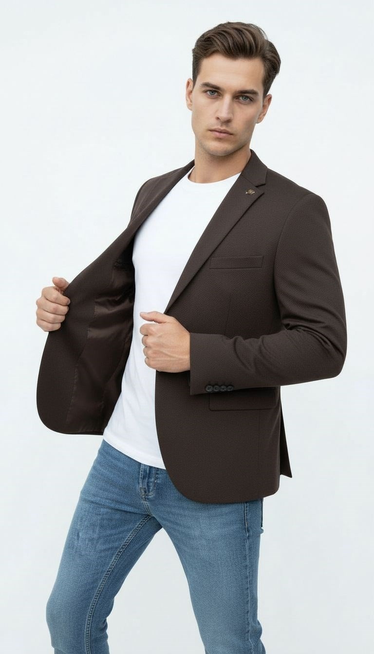 Plus Scorpion Kahverengi Erkek Slim Fit Blazer Ceket, Şık, Modern, Günlük ve Ofis Kombinlerine Uygun Tek Düğmeli Erkek Ceketi görsel 5