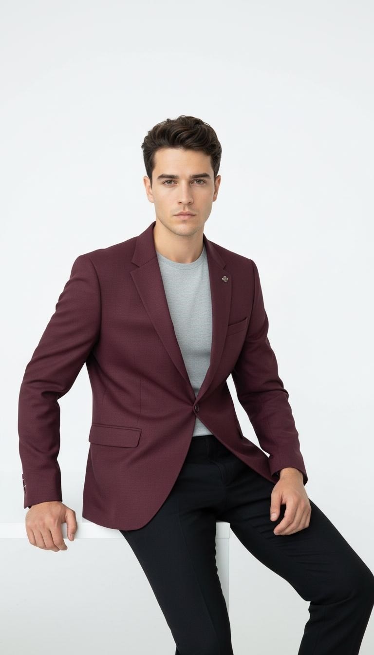 Plus Scorpion Bordo Erkek Tek Düğmeli Blazer Ceket, Dokulu Kumaş, Tek Yırtmaçlı Şık Tasarım görsel 3