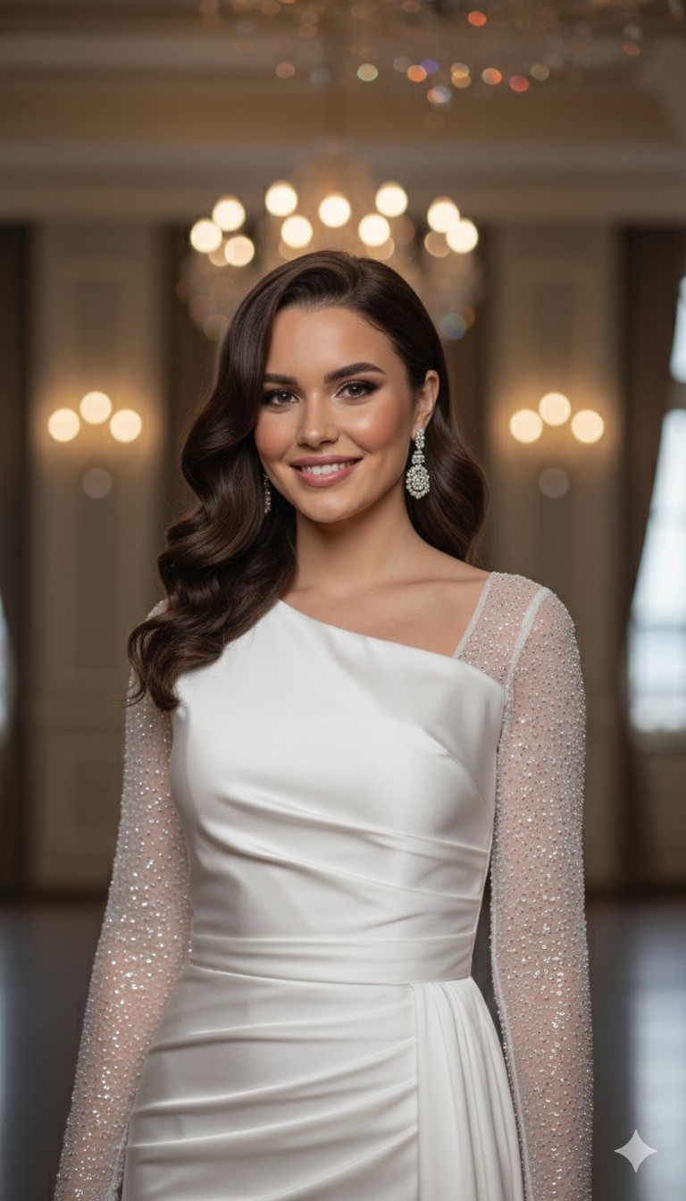 Makbule Official Beyazsaten Drapelimodel Yandan Yırtmaçlı Nişan Nikah Elbisesi görsel 3