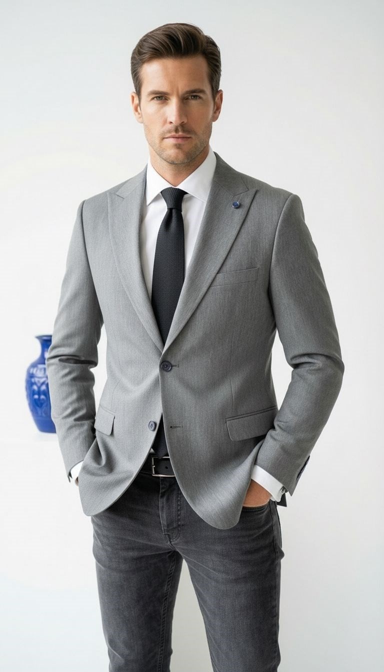 Plus Scorpion Erkek Blazer Ceket Twill Puntolu Kırlangıç Yaka 2 Düğmeli Çift Yırtmaçlı Slim Fit