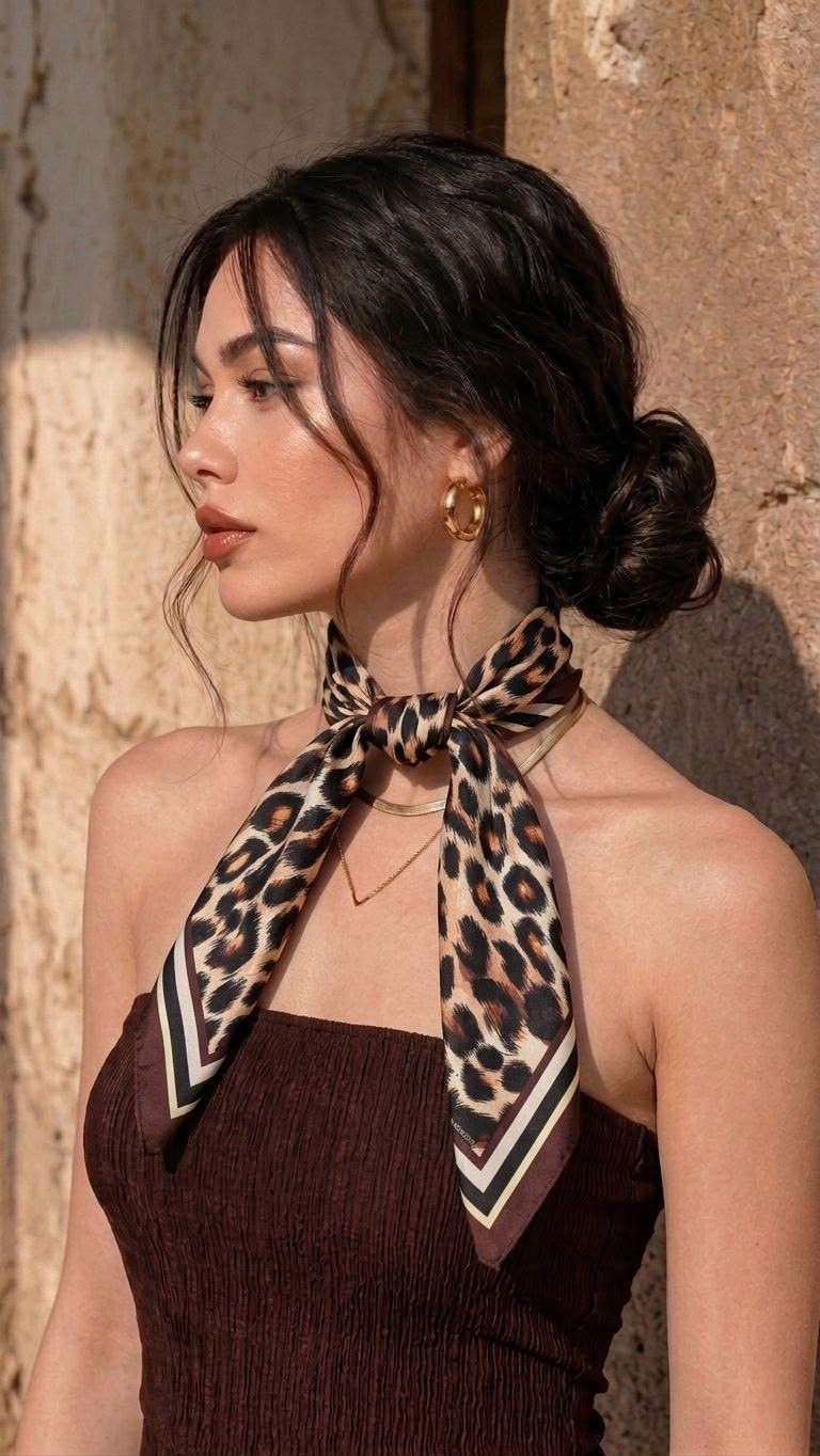 Revam Collection Leopar Desenli Fular Bandana Şal Kahverengi Bej Turuncu Saten Pamuk Malzeme görsel 3