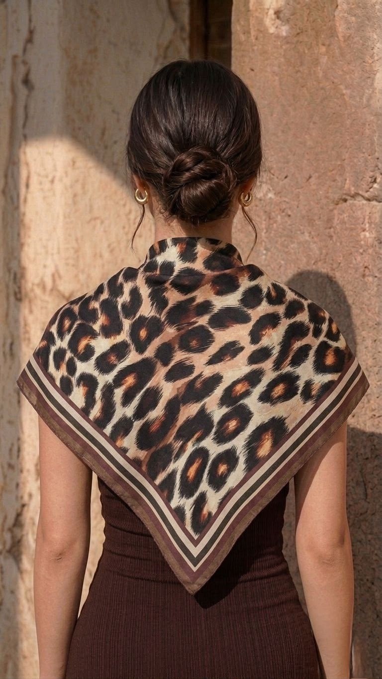 Revam Collection Leopar Desenli Fular Bandana Şal Kahverengi Bej Turuncu Saten Pamuk Malzeme görsel 4