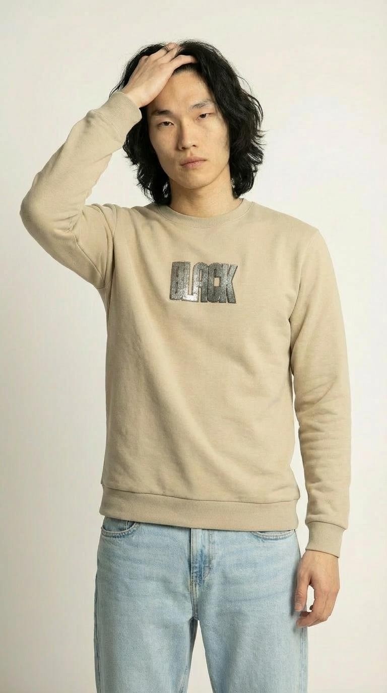 Coton House Erkek Bisiklet Yaka Uzun Kollu Sweatshirt %100 Pamuk Bisküvi Renk C8T0N4 görsel 3
