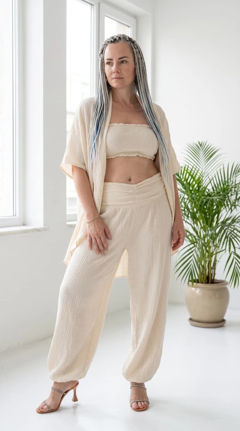 Byemelika %100 Pamuk, Bürümcük, Lastik Detay, Bohem Lidya Kaftan (Bej)