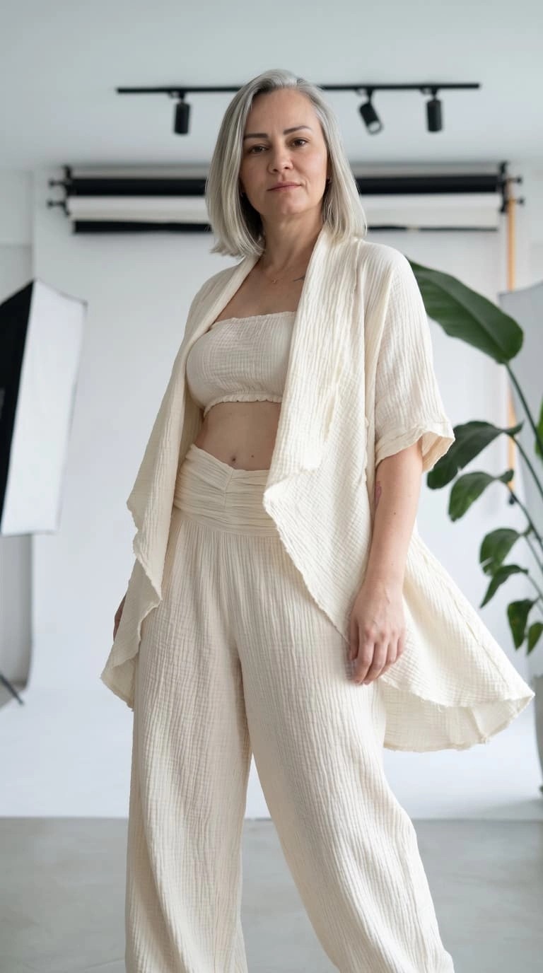 Byemelika %100 Pamuk, Bürümcük, Lastik Detay, Bohem Lidya Kaftan (Bej) görsel 4