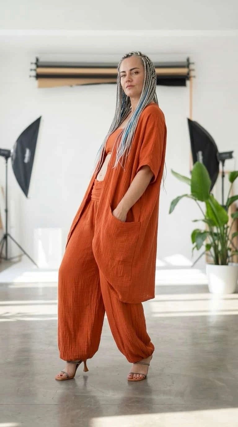 Byemelika %100 Pamuk, Bürümcük, Lastik Detay, Bohem Lidya Kaftan (Turuncu)