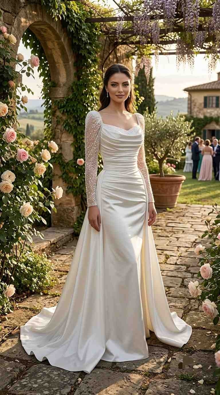 Makbule Official Beyaz Saten, Kolları Boncuklu, Gelinlik, Nikahlık, Nişanlık görsel 3