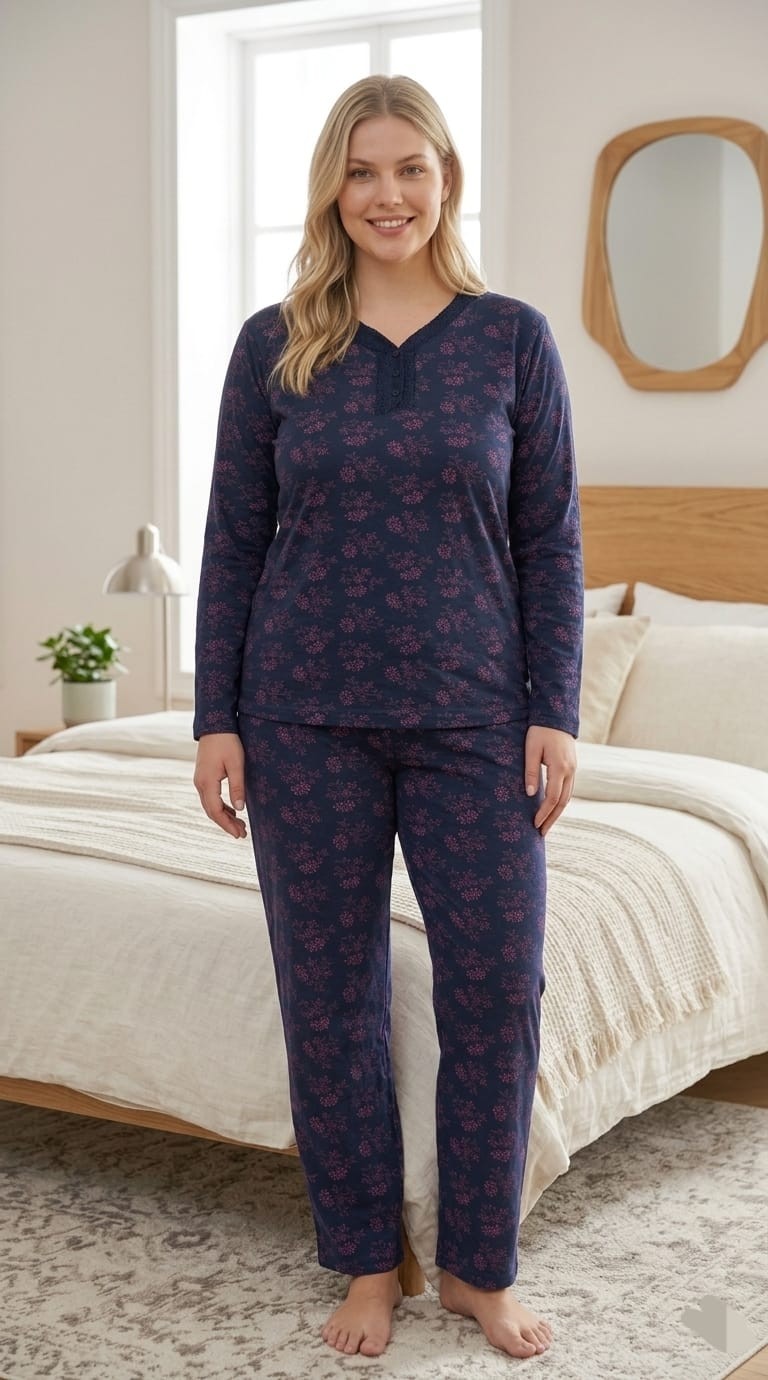 Temporium Kadın Büyük Beden Desenli Yakası Düğmeli Uzun Kollu Bambu Pijama Takımı
