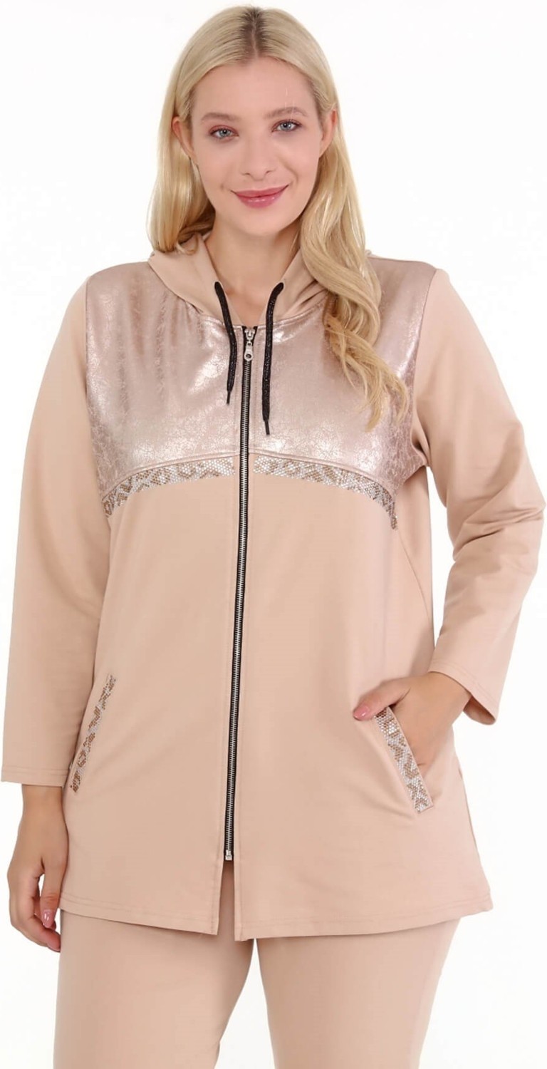Mia Butik Kadın Büyük Beden Krem Deri Görünümlü Eşofman Takımı görsel 4