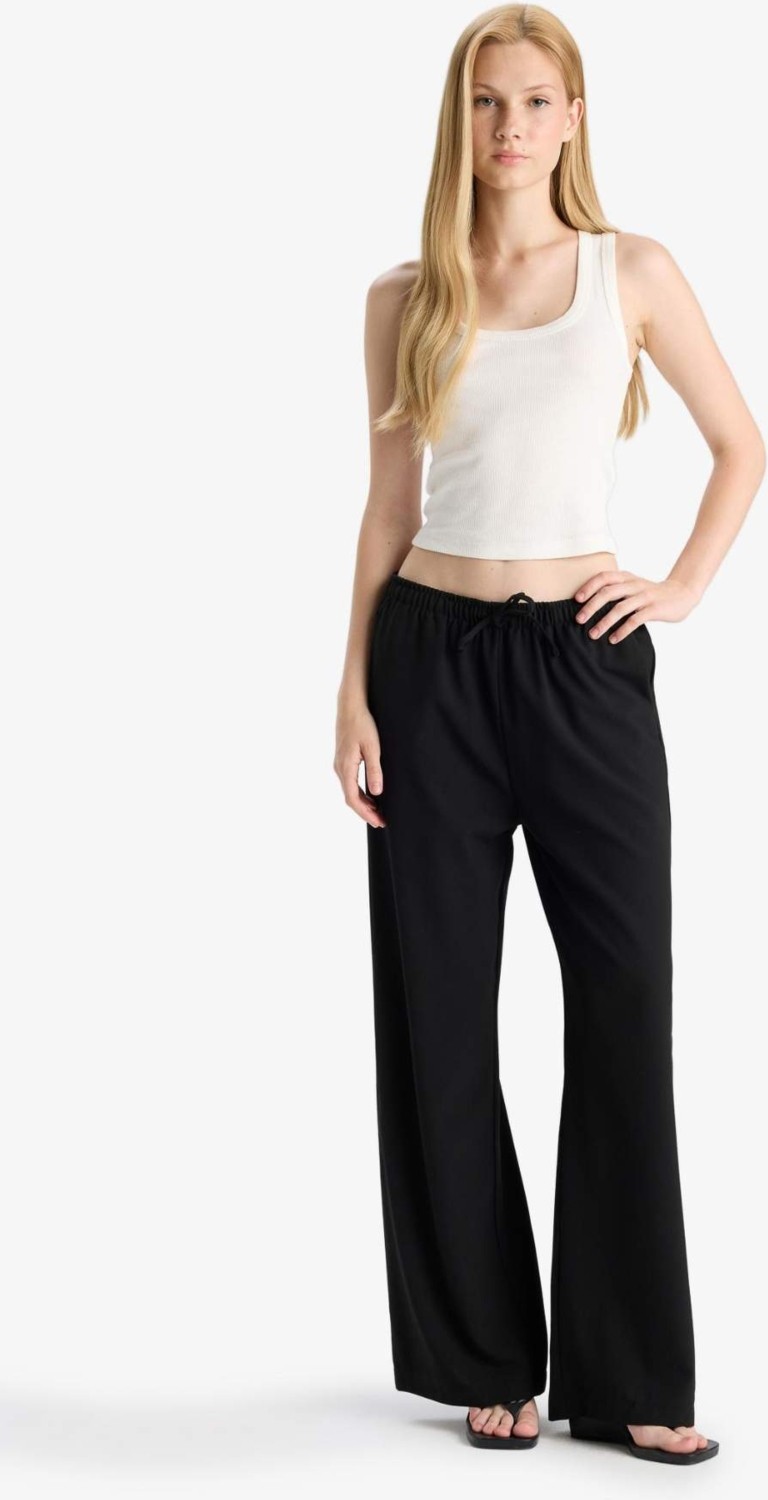 DeFacto Wide Leg Beli Lastikli Bağcıklı Cepli Kumaş Palazzo Pantolon C1428AX25AU görsel 7