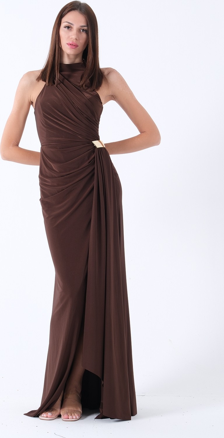 Feminist Lacivert Halter Yaka Drapeli Beli Gold Toka Detaylı Straplez Abiye 9705862