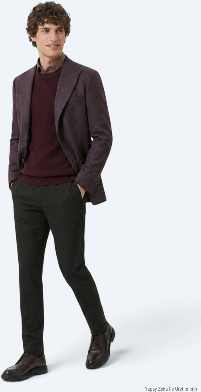 Kip Bordo Desenli Modern Fit Yün Karışımlı Örme Ceket görsel 5