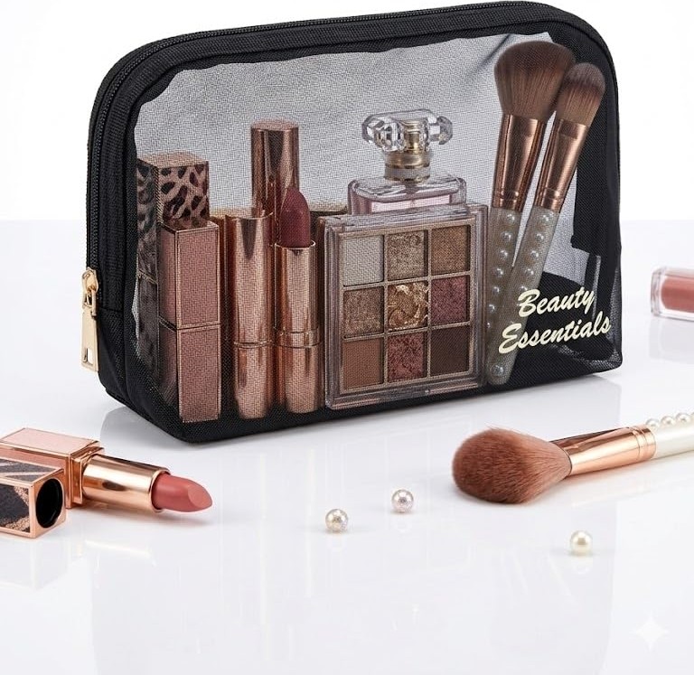 1001 Beauty Essentials Şeffaf File Makyaj Çantası - Siyah Transparan Kozmetik Düzenleyici ve Seyahat