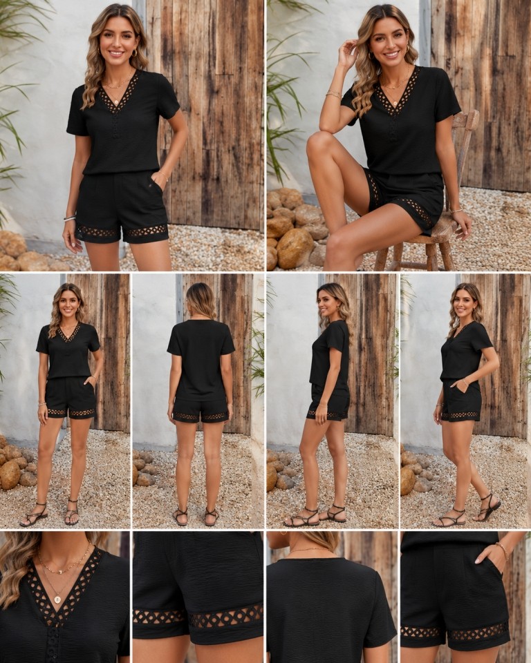 Janes Kadın Kısa Kollu V Yakalı Bluz ve Short Ikili Takım görsel 8