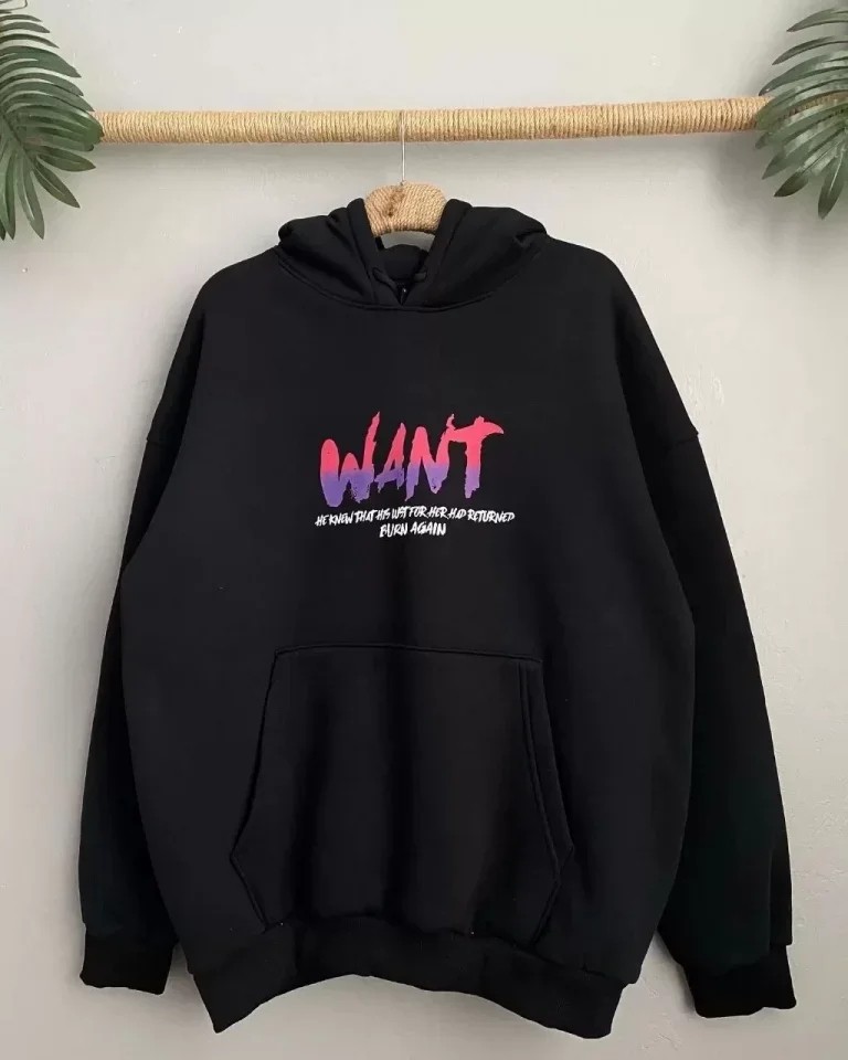 Baskılı Üç Iplik Kapüşonlu Oversize Sweatshirt - Siyah görsel 3
