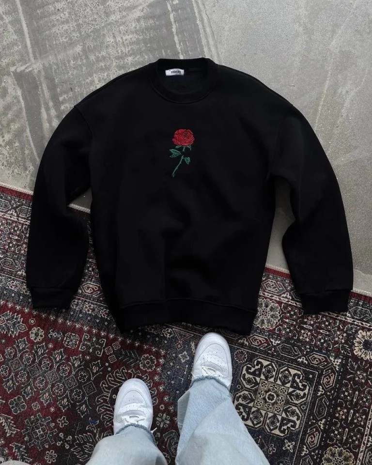 Oversize Üç Iplik Bisiklet Yaka Baskılı Sweatshirt - Siyah görsel 4
