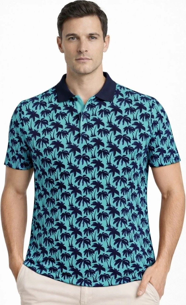 Tarz Yeri Erkek Pike Kumaş Polo Yaka Palmiye Desenli Tişört Kısa Kol Yazlık T-Shirt - Turkuaz görsel 2