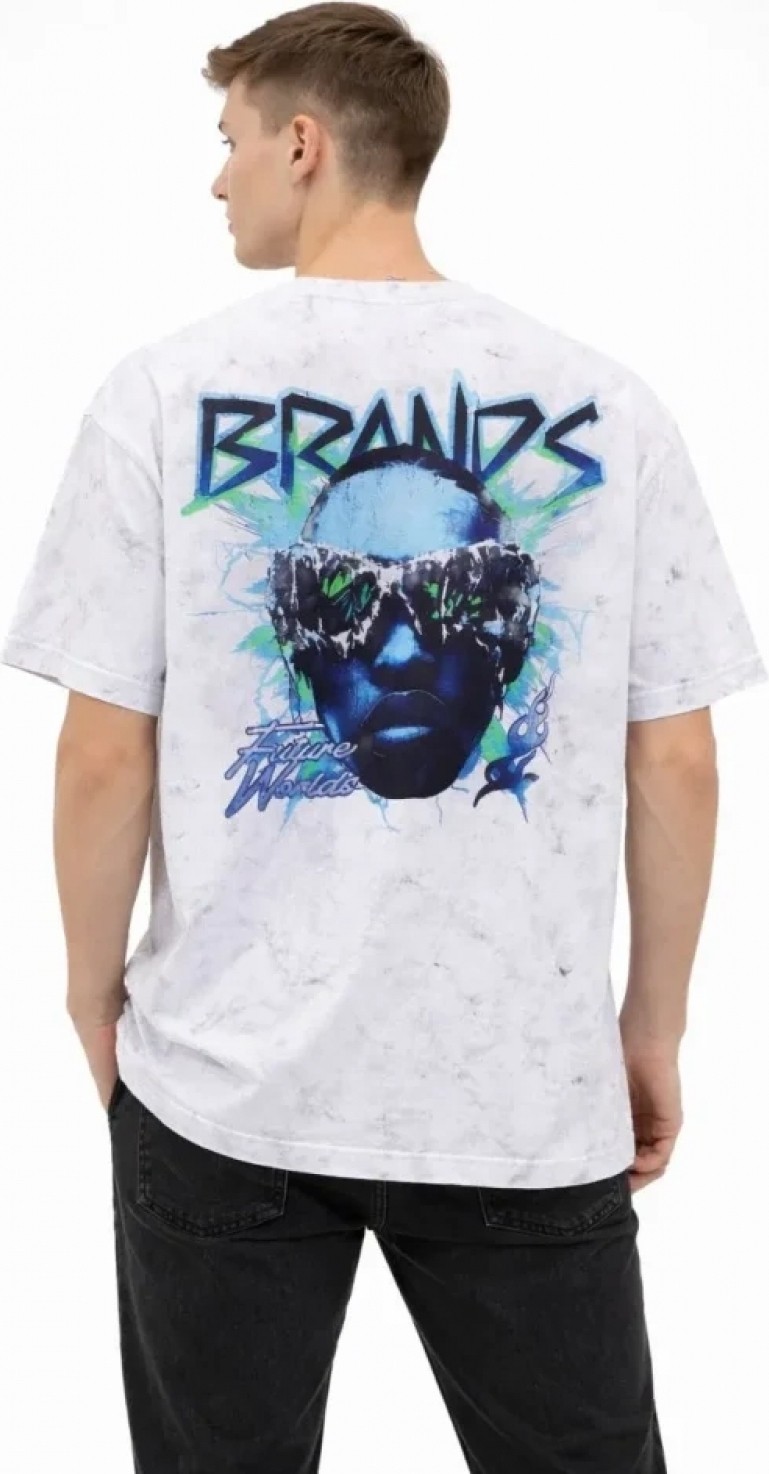Pileli Store Erkek Asit Yıkamalı Oversize Tişört Future Worlds Baskılı Bisiklet Yaka Kısa Kollu Streetwear %100 Pamuk Street Style T-Shirt - Beyaz görsel 2