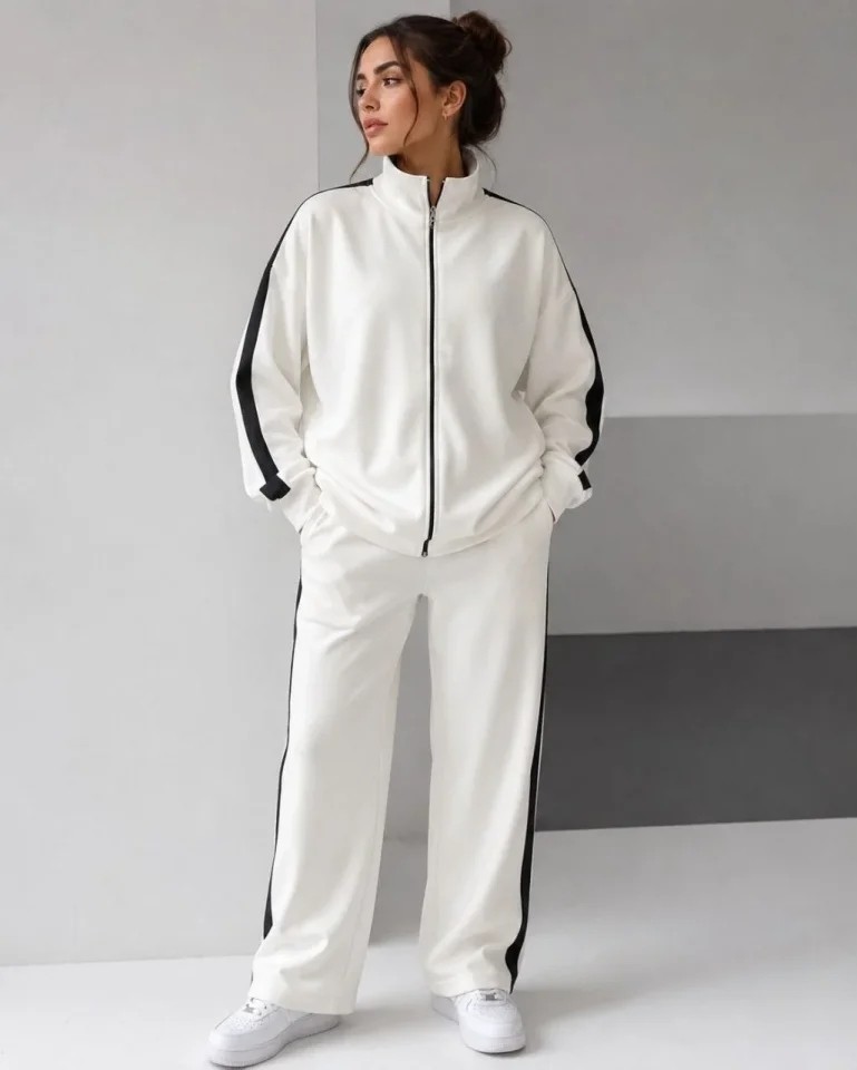 Gökyüzü Moda Scuba Kumaş Oversize Şerit Detaylı Fermuarlı Alt Üst Eşofman Takımı - Beyaz görsel 2