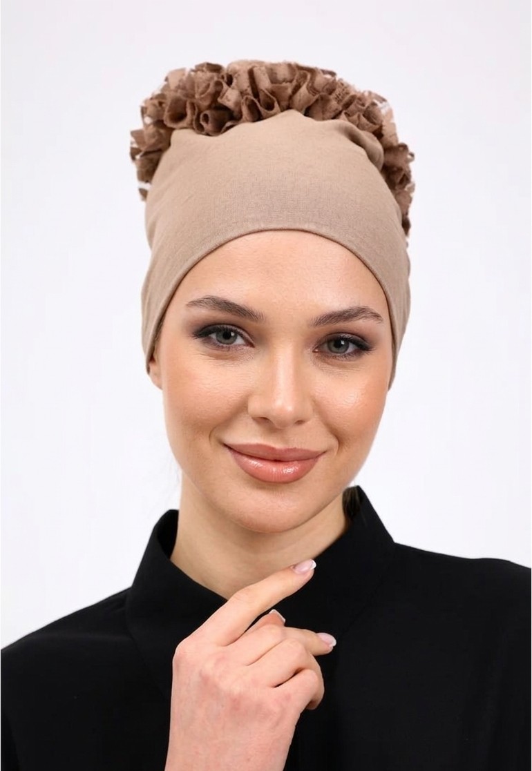 Alivascarf Fırfırlı Dikişsiz Penye Bone Vizon - Kadın Tesettür Bağlamalı Topuz Iç Bone Kahve