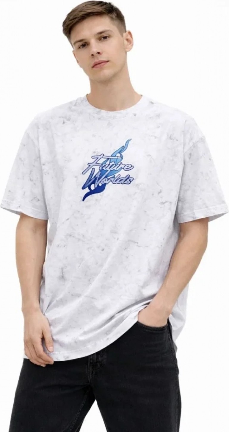 Pileli Store Erkek Asit Yıkamalı Oversize Tişört Future Worlds Baskılı Bisiklet Yaka Kısa Kollu Streetwear %100 Pamuk Street Style T-Shirt - Beyaz görsel 3