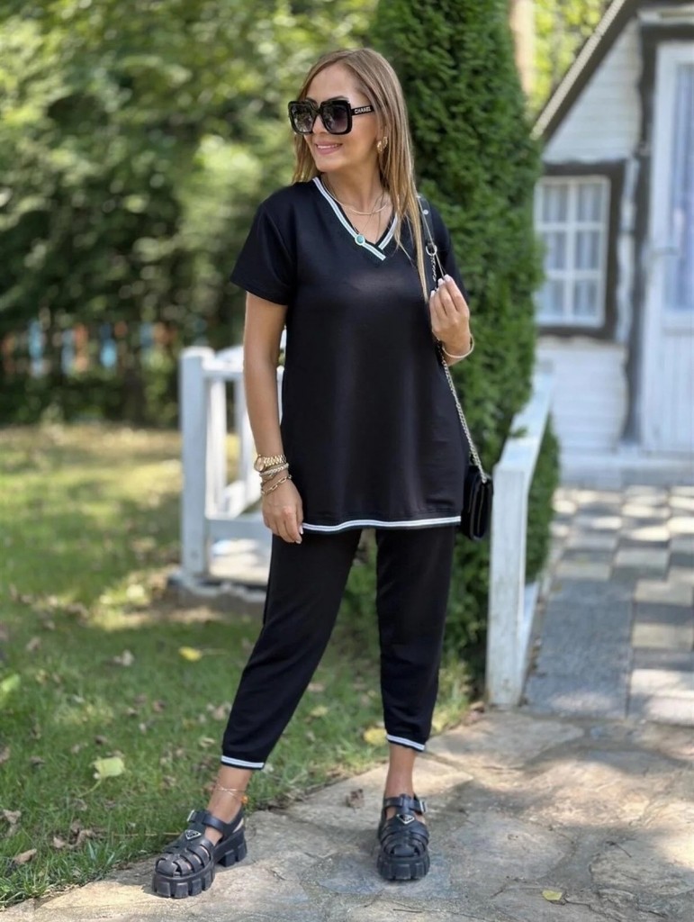 TeknoKapsül Kadın Kısa Kollu V Yakalı Iki Iplik Bluz ve Pantolon Ikili Takım - Siyah / S-M görsel 2