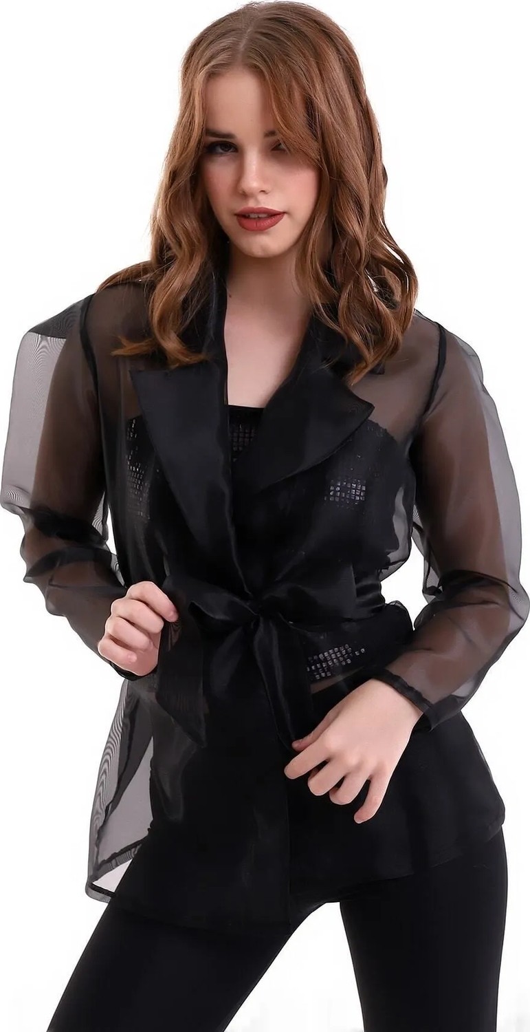 Mois Atelier Siyah Kuşaklı Organze Şifon Tül Kadın Ceket, Tasarım, , Büyük Beden, Tesettür görsel 5
