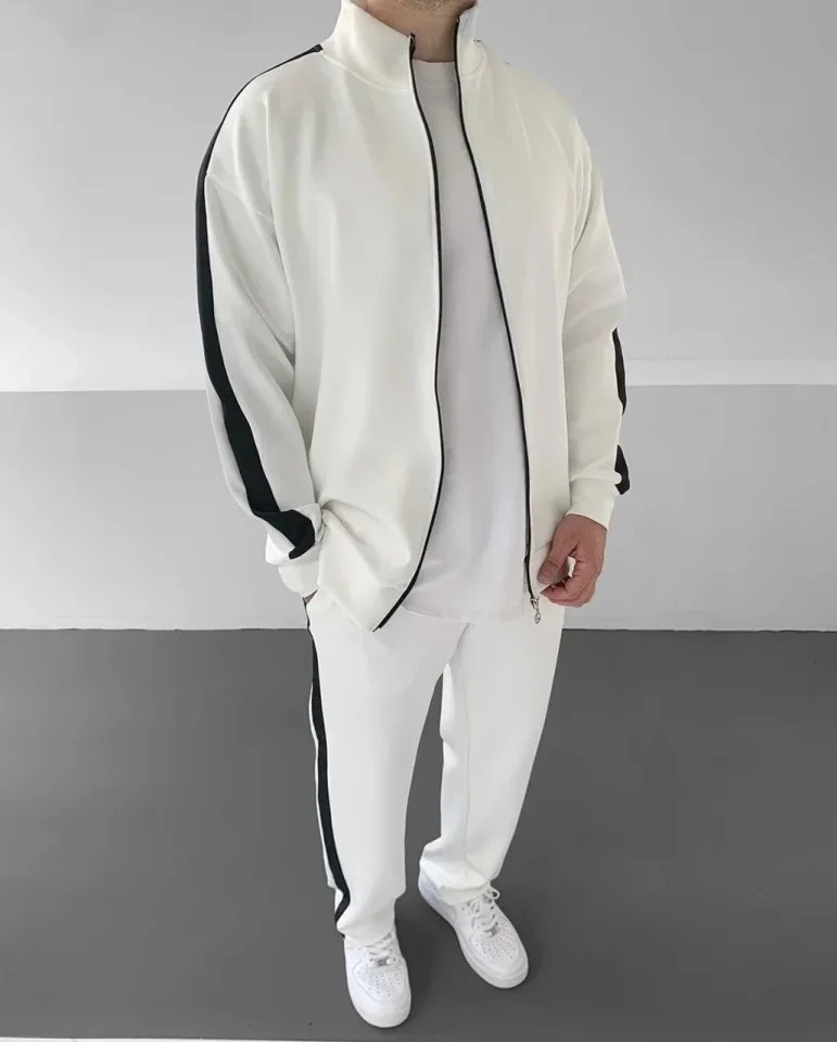 Gökyüzü Moda Erkek Scuba Kumaş Oversize Şerit Detaylı Fermuarlı Alt Üst Eşofman Takımı - Beyaz görsel 3