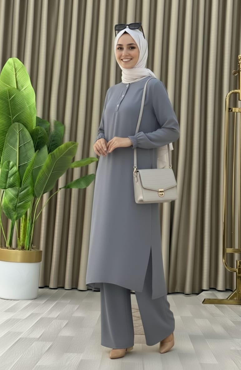 Mismoly Tesettür Ikili Takım Uzun Tunik Bol Paça Pantolon görsel 8