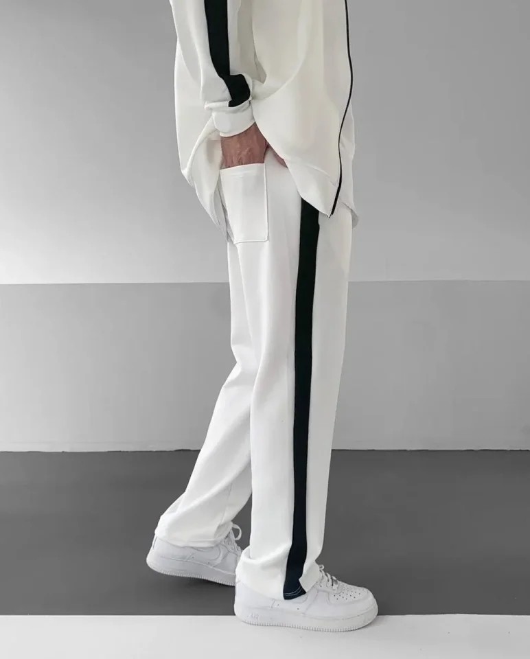 Gökyüzü Moda Erkek Scuba Kumaş Oversize Şerit Detaylı Fermuarlı Alt Üst Eşofman Takımı - Beyaz görsel 2