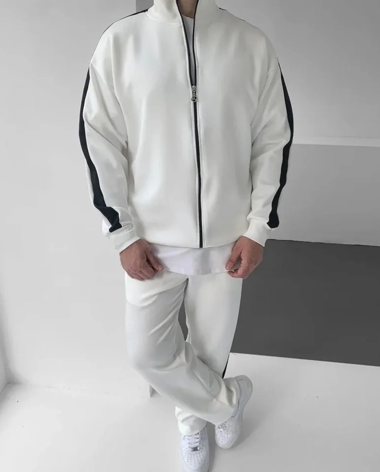 Gökyüzü Moda Erkek Scuba Kumaş Oversize Şerit Detaylı Fermuarlı Alt Üst Eşofman Takımı - Beyaz görsel 4