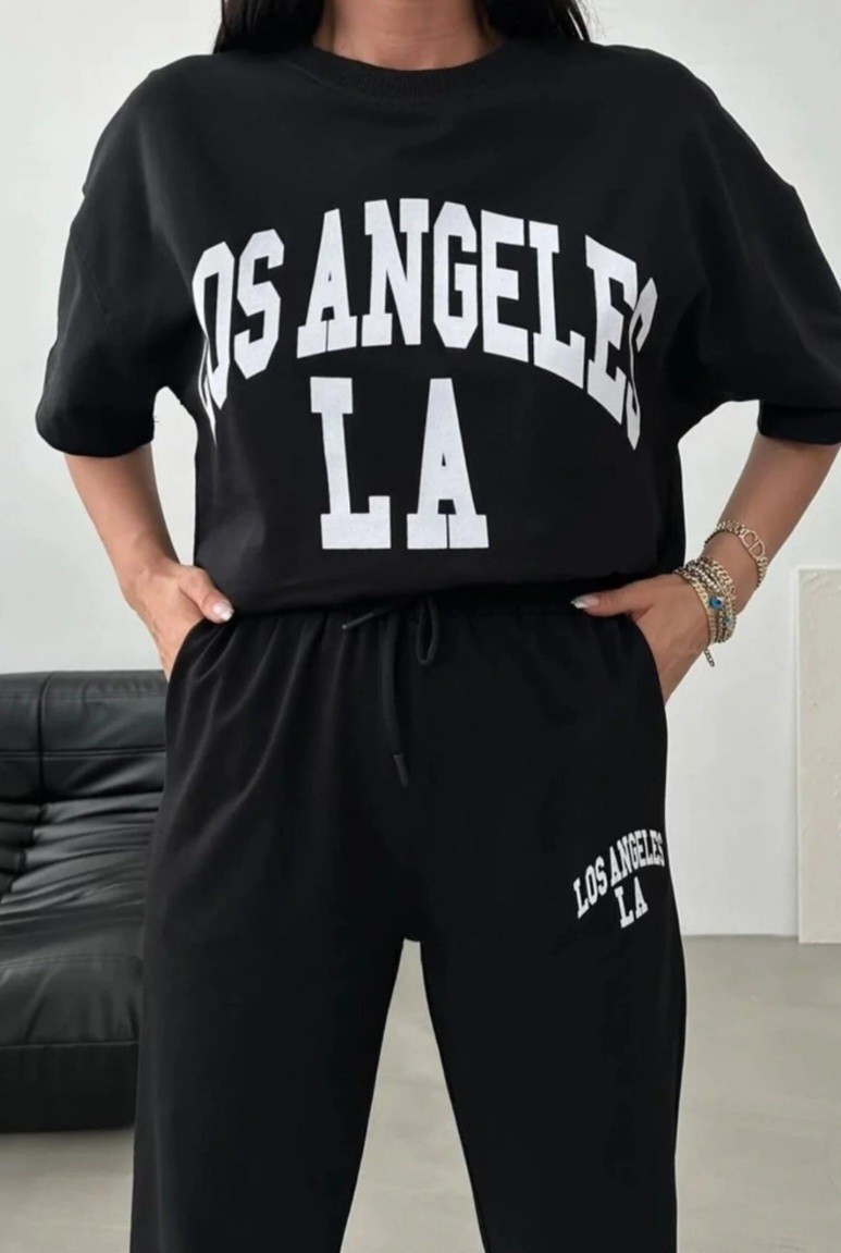 Punix Punıx Büyük Beden Los Angeles La Baskılı 2 Iplik Ter Tutmayan Kısa Kollu Yazlık Kadın Eşofman Takımı