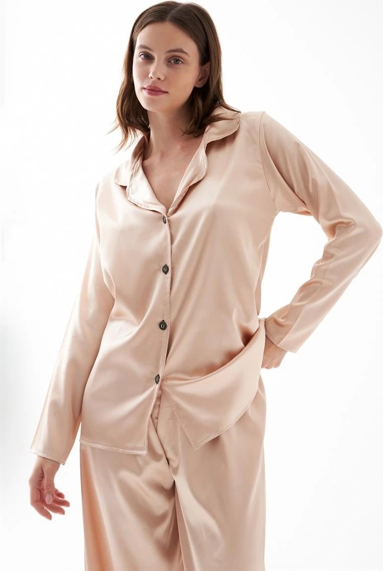 mery Moda Kadın Bej Oversize Saten Pijama Takımı, Rahat Kesim Şık Ev Giyim Seti Beruflic görsel 3