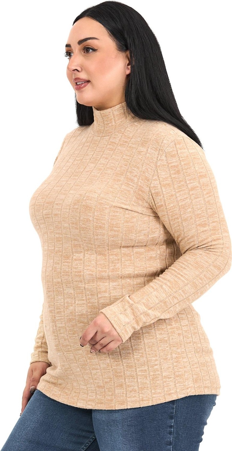 Disentis Modest Kadın Büyük Beden Yarım Balıkçı Uzun Kollu Bej Renk Triko Çizgili Body Slim Fit görsel 8