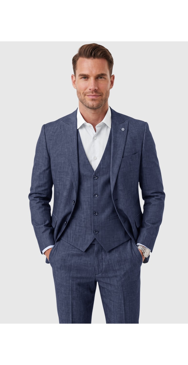 Deepsea Koyu Lacivert 3 Parça Slim Fit Yelekli Erkek Takım Elbise, Çift Yırtmaçlı Modern Kesim 2601631 görsel 7