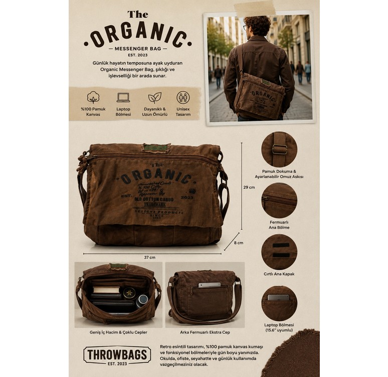 Old Cotton Cargo Old Cotton 8128 Salaş Kanvas Omuz Postacı Antrasit Siyah Laptop Okul Seyahat Günlük Vintage Kumaş Çanta görsel 4