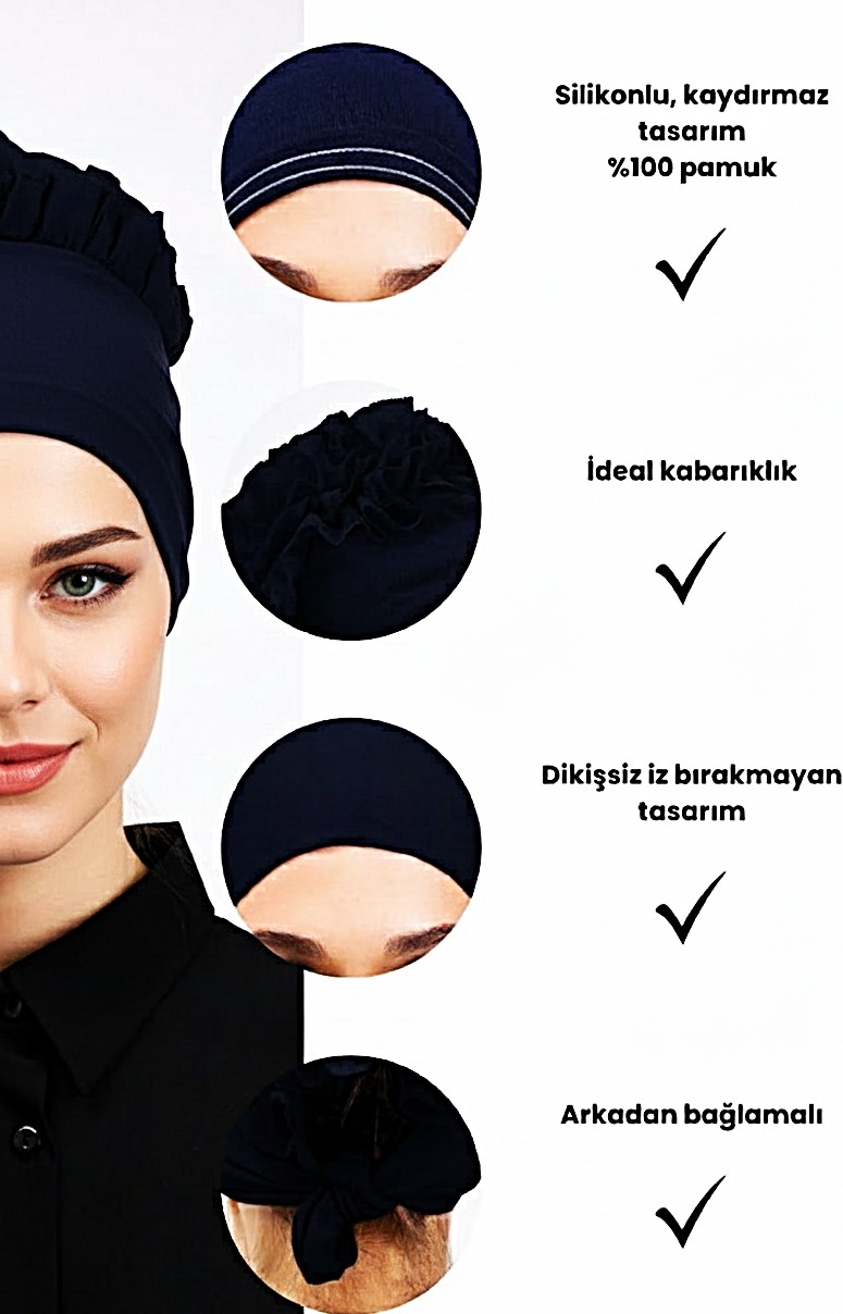Aliva Scarf Kaymayan Fırfırlı Siyah Silikonlu Dikişsiz Kaymaz Bone Kadın Tesettür Bağlamalı Iç Bone görsel 7