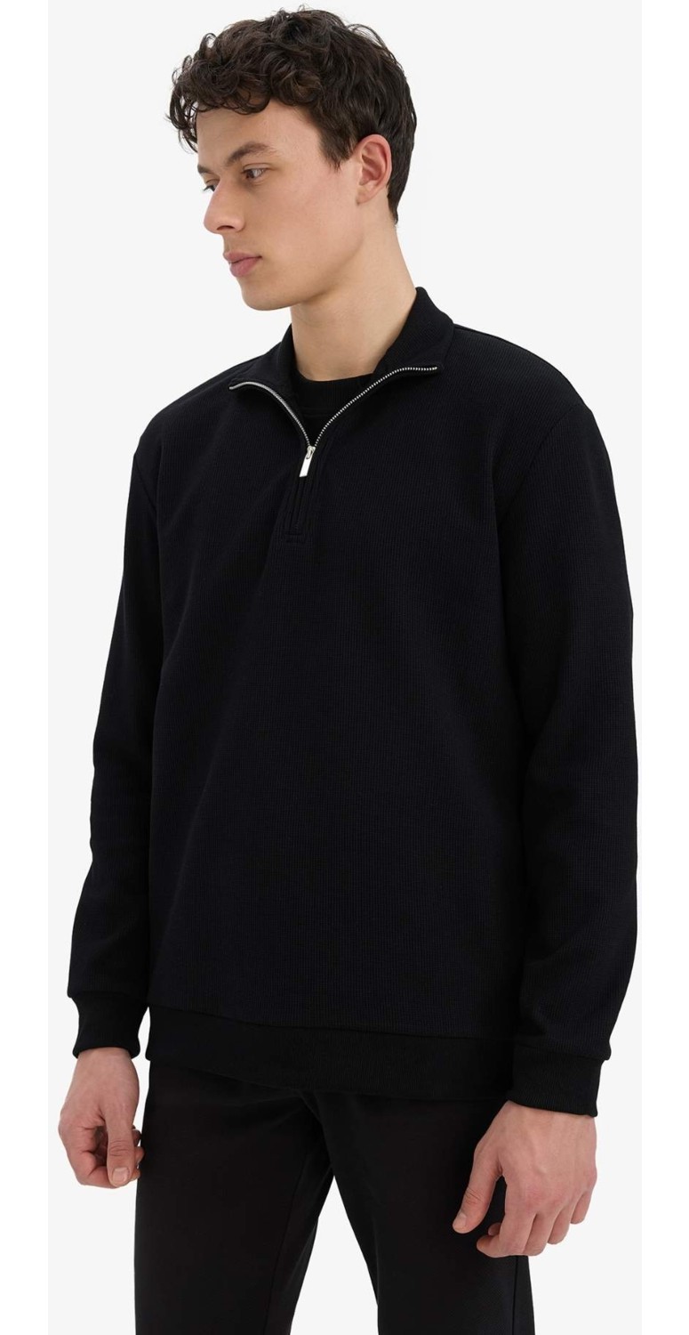DeFacto Comfort Fit Dik Yaka Dokulu Yarım Fermuarlı Waffle Sweatshirt D7543AX25SP görsel 3