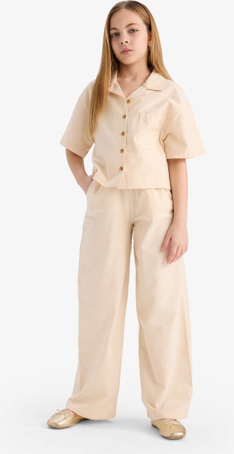 DeFacto %100 Pamuk Cropped Fit Keten Kısa Kollu Gömlek Kız Çocuk D7638A825SM görsel 2