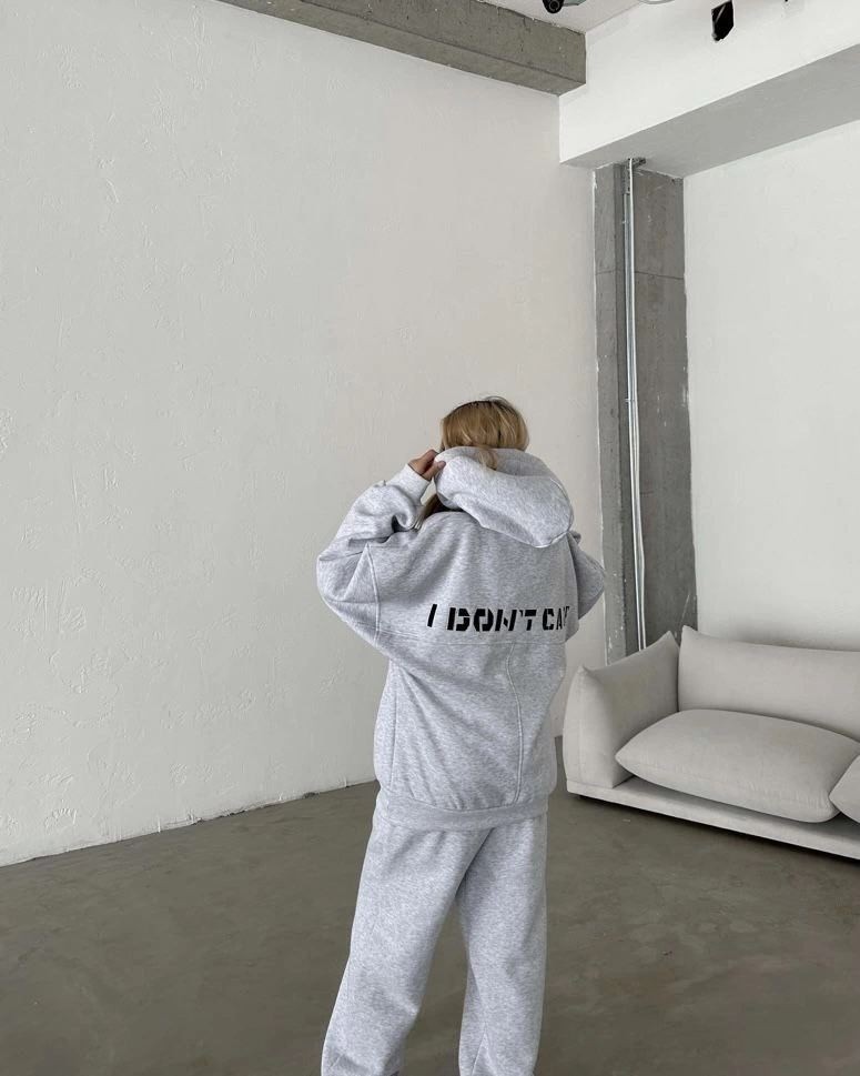 Fantastik Store Kadın Nakış Işlemeli 3 Iplik Pamuklu Sweat Alt-Üst Takım- Gri